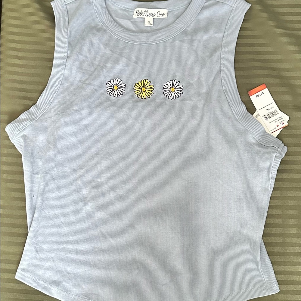 Rebellious One Blue Daisy Muscle Tee